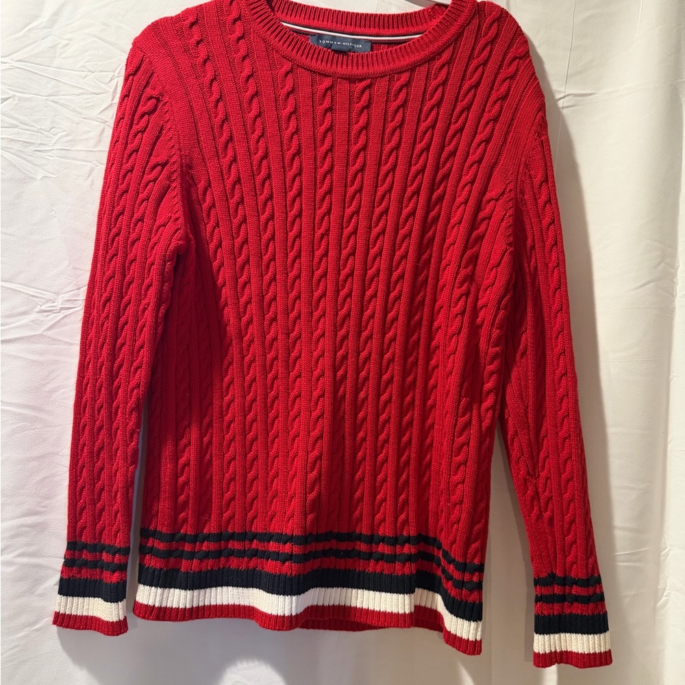 Tommy Hilfiger Red Knit Sweater with Striped Detail